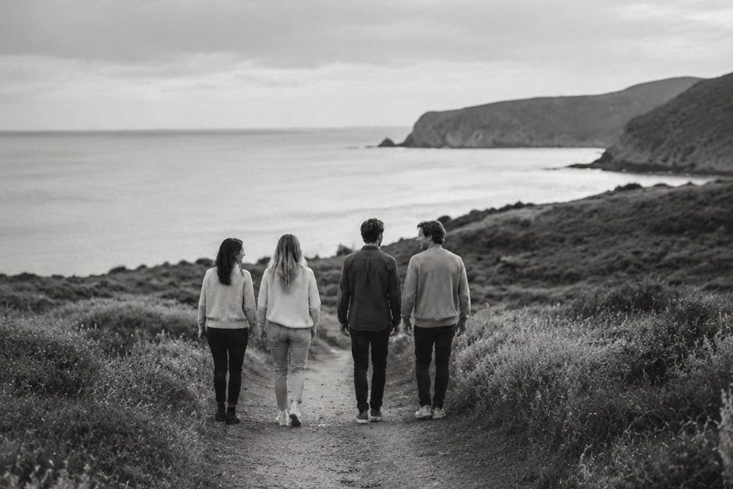Four people walking together along a coastal path